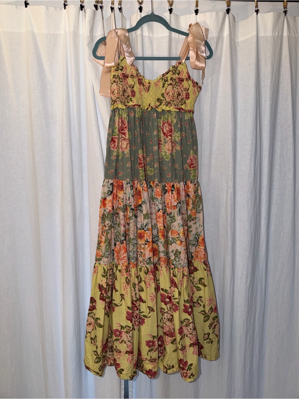 Free People Mixed Floral Tiered Maxi Dress with Pink Ribbon Straps - Picture 2 of 9